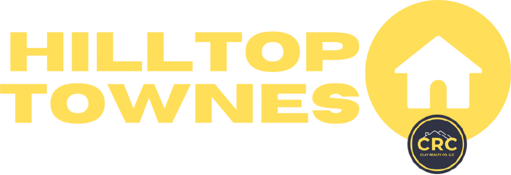 Yellow text reads "HILL TOP TOWNES" beside a house icon in a yellow circle; a black and yellow CRC Clay Realty Co. LLC logo is at the bottom right.