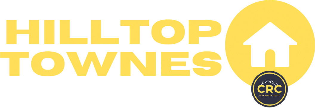Yellow text reads "HILL TOP TOWNES" beside a house icon in a yellow circle; a black and yellow CRC Clay Realty Co. LLC logo is at the bottom right.
